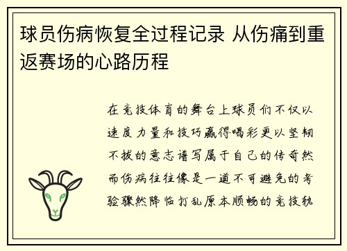 球员伤病恢复全过程记录 从伤痛到重返赛场的心路历程
