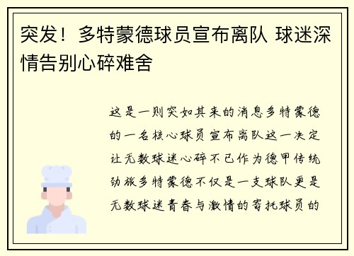 突发！多特蒙德球员宣布离队 球迷深情告别心碎难舍