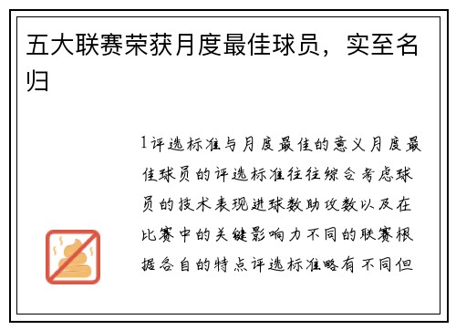 五大联赛荣获月度最佳球员，实至名归